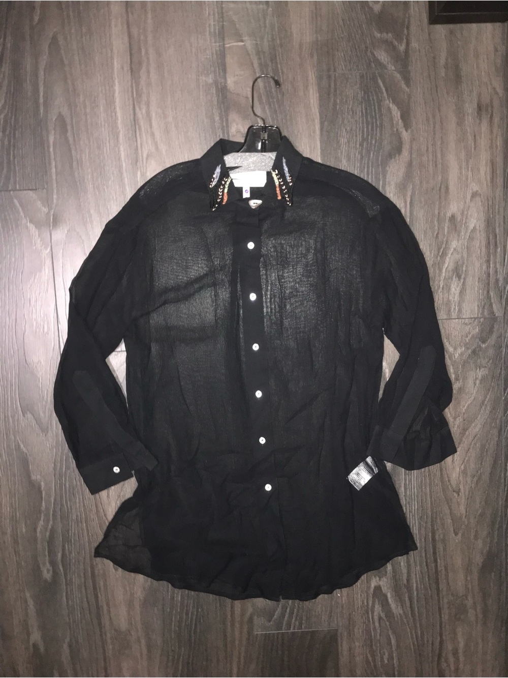 Sandra Weil women’s black cotton long sleeve embroider collared